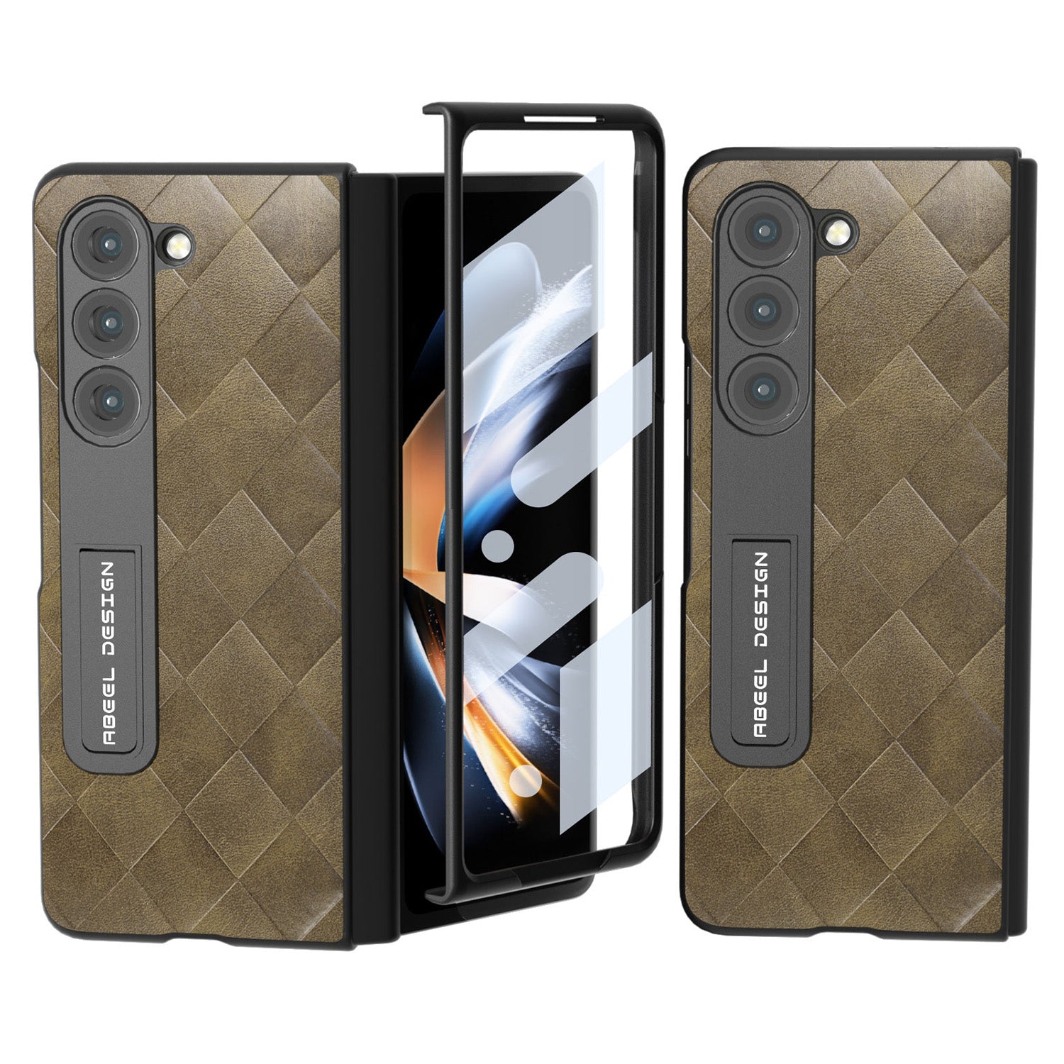 ABEEL For Samsung Galaxy Z Fold5 5G Grid Texture Leather PC Protective Cover Kickstand Phone Case with Tempered Glass Screen Film ABEEL For Samsung Galaxy Z Fold5 5G Grid Texture Leather PC Protective Cover Kickstand Phone Case with Tempered Glass Screen Film